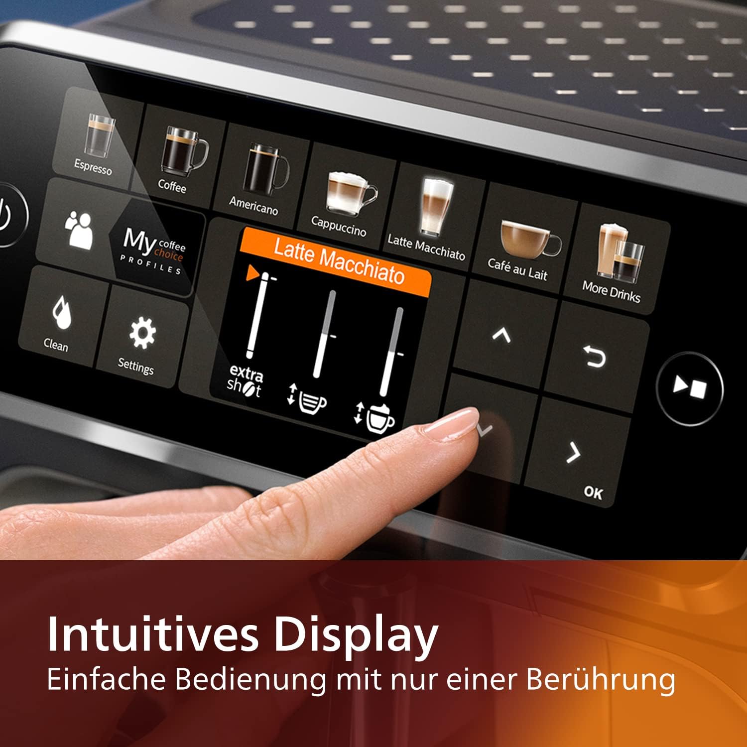 Intuitives Touch-Display mit 12 Kaffeespezialitäten